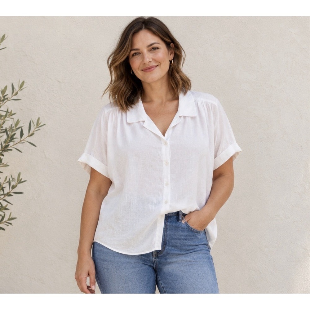 J Jill White 100% Linen Blouse Top Short Sleeve Button Up Down White Sz 1x XL